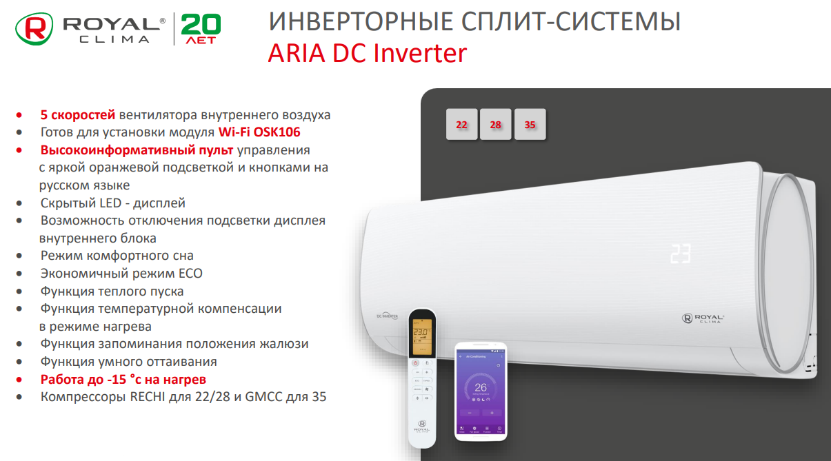 Сплит-система Royal Clima ARIA DC Inverter, преимущества и характеристики